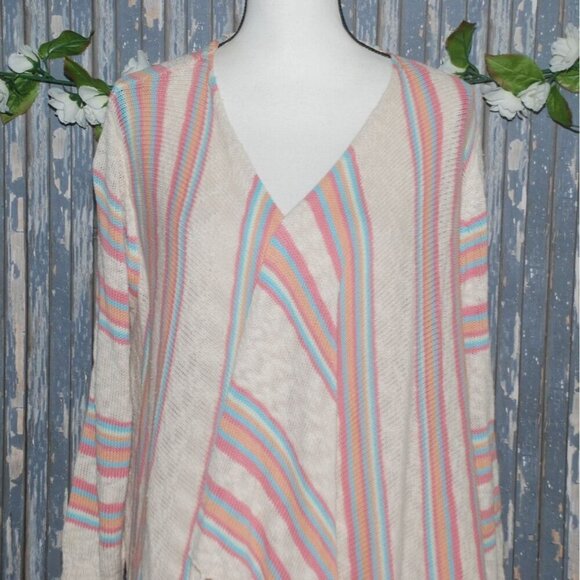 Crystal Kobe Size L Boho Waterfall Open Front Sweater Cardigan Pastels Lace Back - Picture 3 of 11